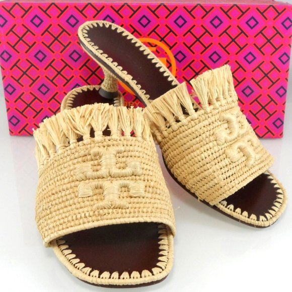 Tory Burch Shoes - NIB $378 Tory Burch Eleanor Raffia Kitten-Heel Mules Double T Slip On Sandal 6.5